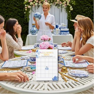 Chinoiserie Blue Willow Bridal Shower Bingo game Kaart