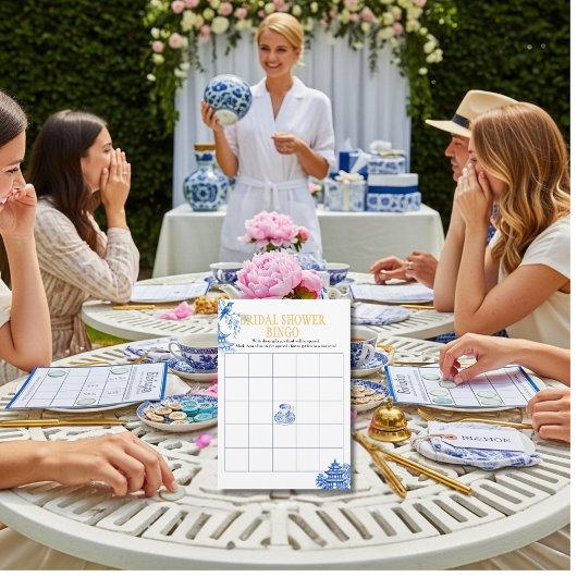 Chinoiserie Blue Willow Bridal Shower Bingo game Kaart