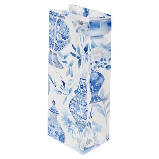 Chinoiserie Blue Wine Gift Bag Wijn Cadeautas (Voorkant Gekanteld)