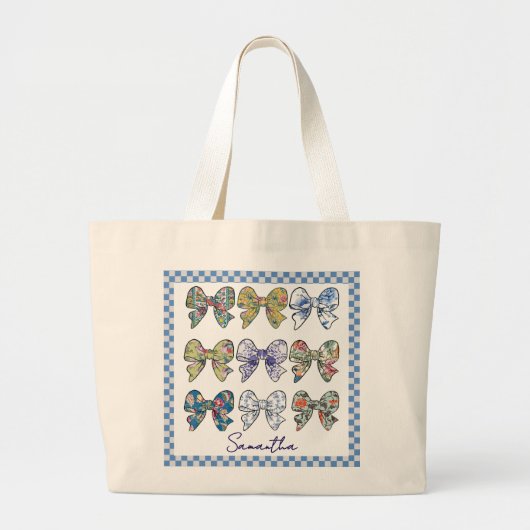 Chinoiserie Bows Checkerboard Pattern Grote Tote Bag (Voorkant)