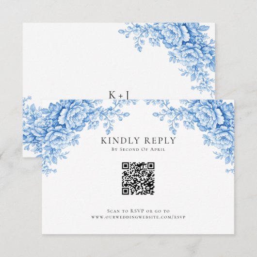Chinoiserie Bruiloft Minimaal Monogram RSVP QR Cod Kaartje (Voorkant / Achterkant)
