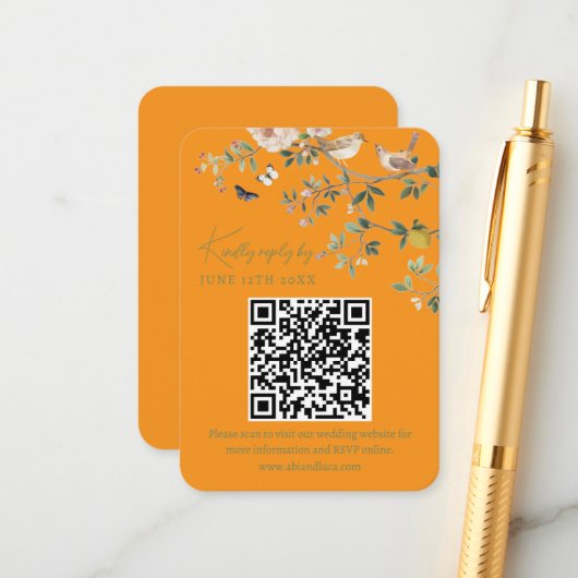 Chinoiserie Bruiloft Website RSVP QR Code Informatiekaartje (Voorkant / Achterkant in situ)