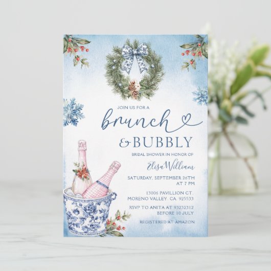 Chinoiserie Brunch en Bubbly Blue Vrijgezellenfees Kaart (Staand voorkant)