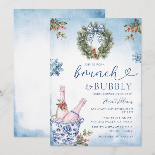 Chinoiserie Brunch en Bubbly Blue Vrijgezellenfees Kaart (Voorkant / Achterkant)