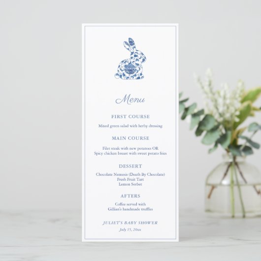 Chinoiserie Bunny Blauw-Wit Baby shower Party Menu (Staand voorkant)