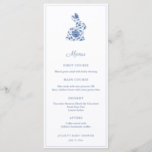 Chinoiserie Bunny Blauw-Wit Baby shower Party Menu (Voorkant)