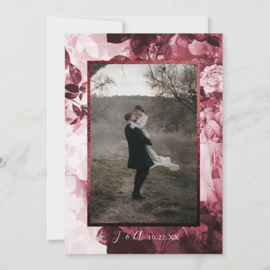 Chinoiserie Burgundy in White Floral Script Photo Save The Date (Achterkant)