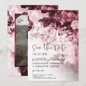 Chinoiserie Burgundy in White Floral Script Photo Save The Date (Voorkant / Achterkant)