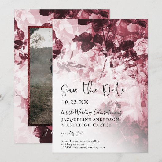 Chinoiserie Burgundy in White Floral Script Photo Save The Date (Voorkant / Achterkant)