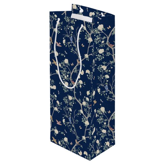 Chinoiserie Camellia Garden Navy Blue Wijn Cadeautas (Achterkant Gekanteld)