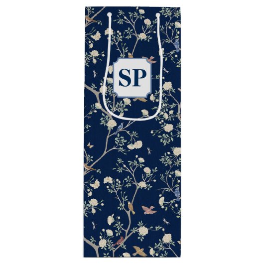 Chinoiserie Camellia Garden Navy Blue Wijn Cadeautas (Voorkant)