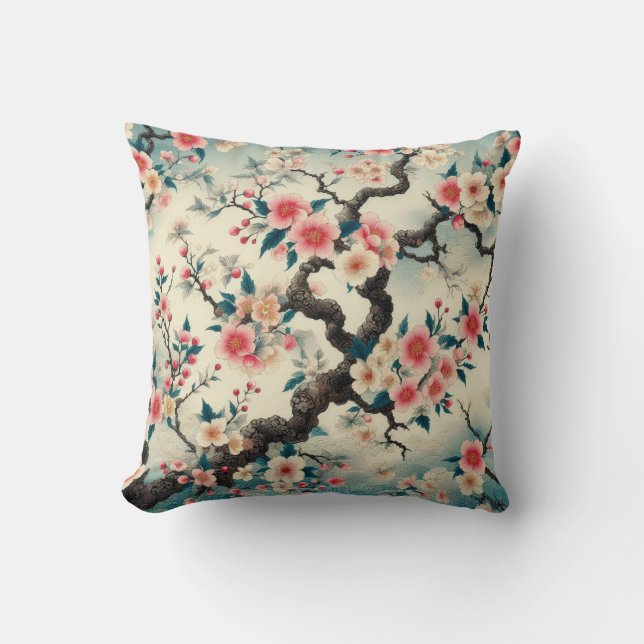 Chinoiserie Cherry Blossom Sakura Patroon Kussen (Voorkant)