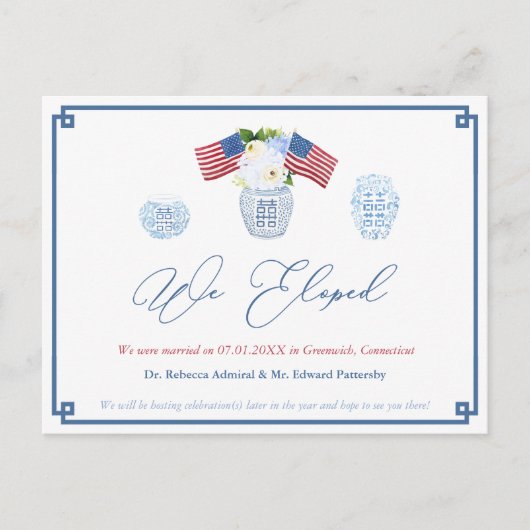 Chinoiserie Chic 4th van juli bruiloft Elopement Aankondigingskaart (Voorkant)
