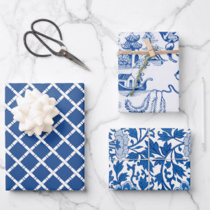 Chinoiserie Chic Bamboo   Blauw en wit Inpakpapier Vel