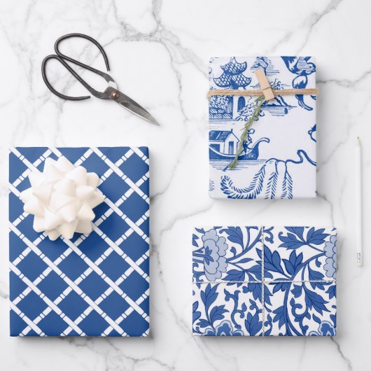 Chinoiserie Chic Bamboo | Blauw en wit Inpakpapier Vel (Voorkant)