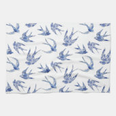 Chinoiserie Chic Bird Swallows Blue n White Mosaic Theedoek (Horizontaal)