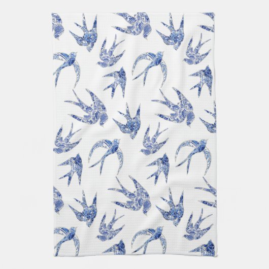 Chinoiserie Chic Bird Swallows Blue n White Mosaic Theedoek (Verticaal)