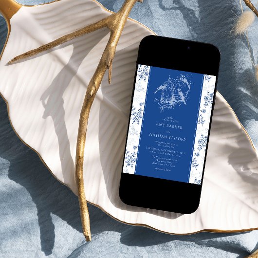 Chinoiserie Chic  Blauw en Wit Bruiloft Kaart