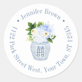 Chinoiserie Chic Blauw Witte Bloem Retouradres Ronde Sticker