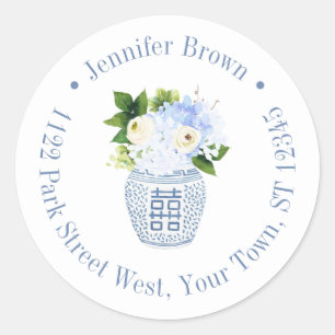 Chinoiserie Chic Blauw Witte Bloem Retouradres Ronde Sticker