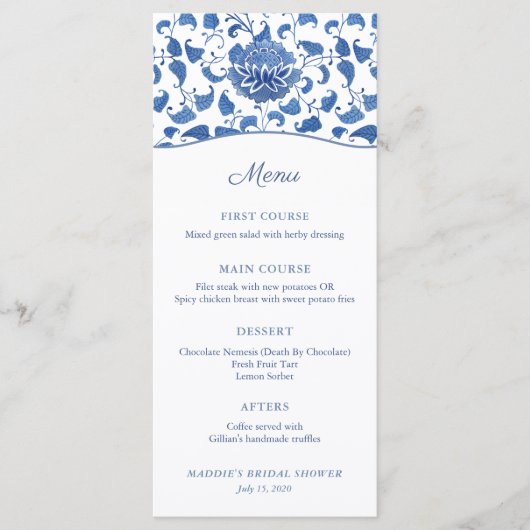 Chinoiserie Chic Blue en White Wedding Shower Menu (Voorkant)