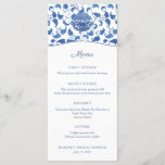 Chinoiserie Chic Blue en White Wedding Shower Menu<br><div class="desc">Dit klassieke ontwerp van de menkkaart kenmerkt een handgeschilderd blauw en wit achtergrondpatroon dat op een patroon wordt gebaseerd dat op een  gemberpot wordt gezien.</div>