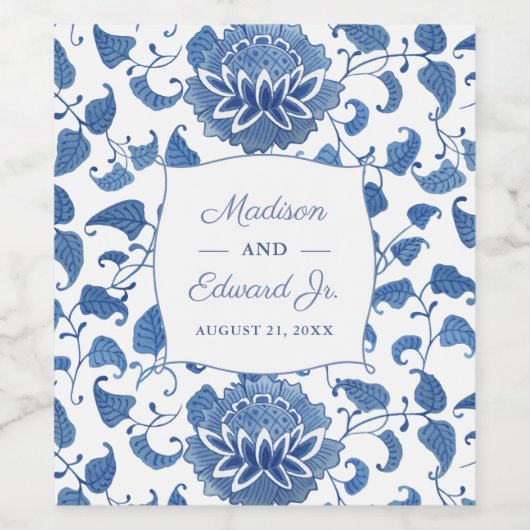 Chinoiserie Chic Blue en White Wedding Shower Wijn Etiket (Enkel label)