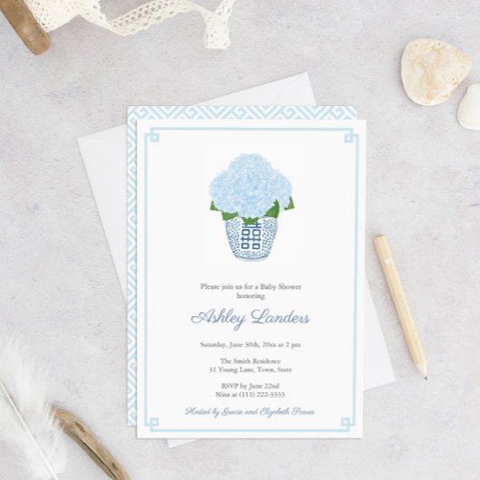 Chinoiserie Chic Blue Hydrangeas Boy Baby shower Kaart