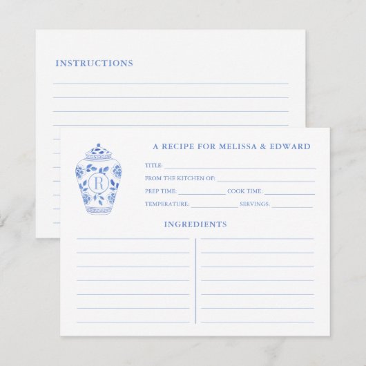 Chinoiserie Chic Blue White Monogram Recipe Kaart (Voorkant / Achterkant)