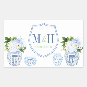 Chinoiserie Chic Blue & White Wedding Crest Favor Rechthoekige Sticker