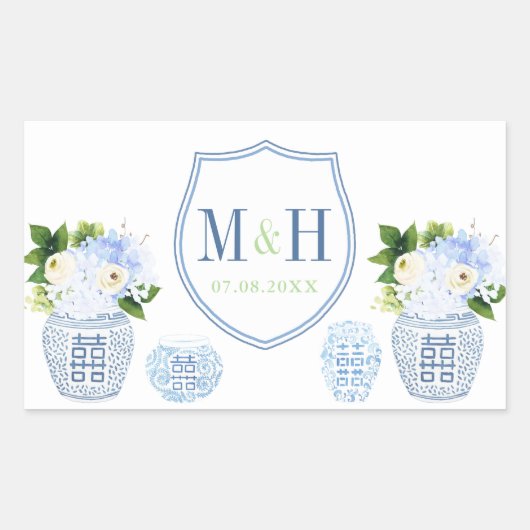 Chinoiserie Chic Blue & White Wedding Crest Favor Rechthoekige Sticker (Voorkant)