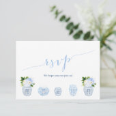 Chinoiserie Chic Blue & White Wedding Meal Choices RSVP Kaartje (Staand voorkant)