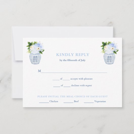 Chinoiserie Chic Blue & White Wedding Meal Choices RSVP Kaartje (Achterkant)