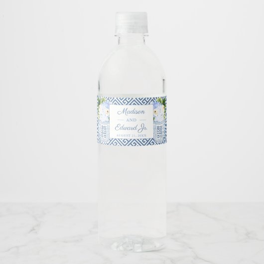 Chinoiserie Chic Blue & White Wedding Shower Party Waterfles Etiket (Voorkant)