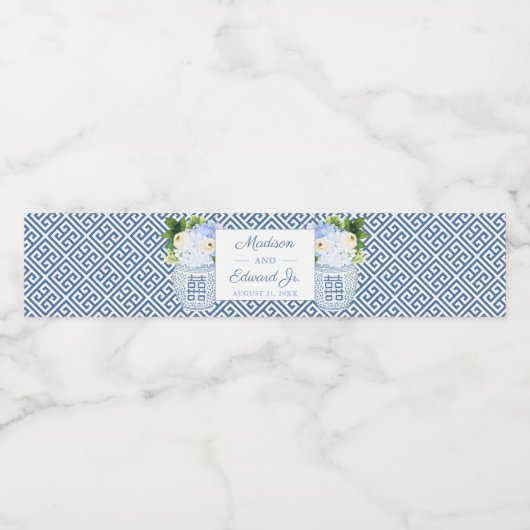 Chinoiserie Chic Blue & White Wedding Shower Party Waterfles Etiket (Enkel label)