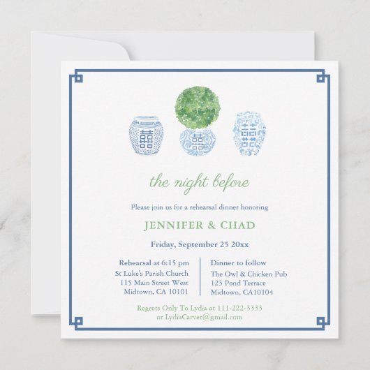 Chinoiserie Chic Boxwood Trouwrepetitie Diner Kaart (Voorkant)
