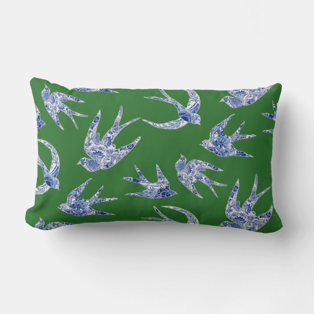 Chinoiserie Chic Floral Birds Blue Green Swallows Kussen (Voorkant)