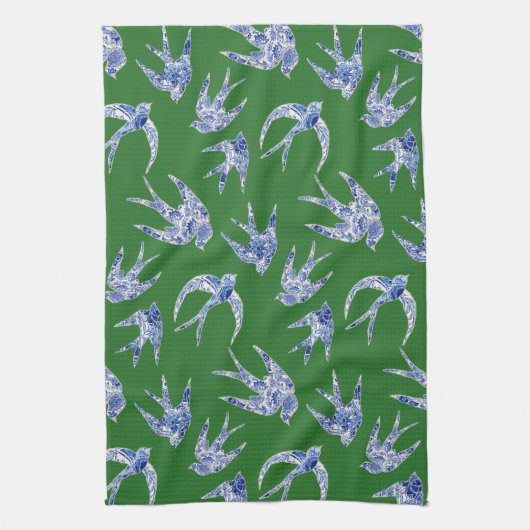 Chinoiserie Chic Green Blue Bird Mosaic Tile Theedoek (Verticaal)
