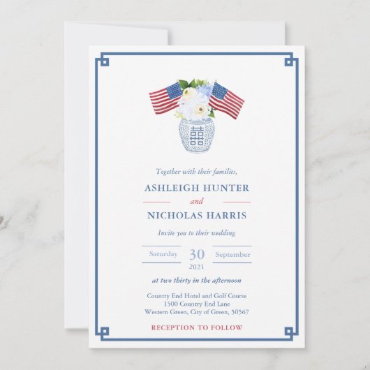 Chinoiserie Chic Juli 4e Rood Wit Blauw Bruiloft Kaart (Voorkant)