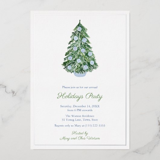 Chinoiserie Chic kerstFeestdagen Party Blue Folie Uitnodiging (Voorkant)