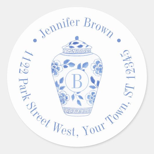 Chinoiserie Chic Monogram Eerste Retouradres Ronde Sticker (Voorkant)