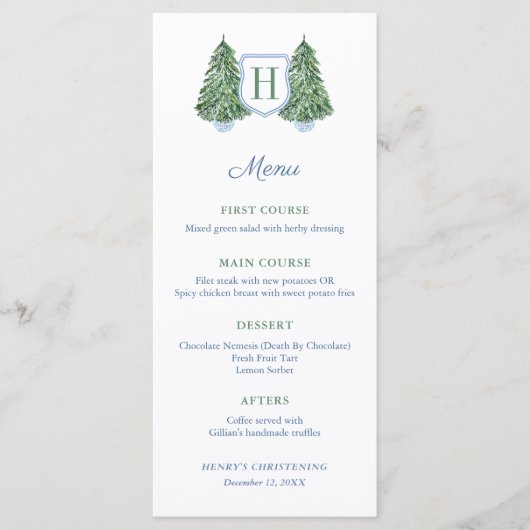 Chinoiserie Chic Monogram Winter Baptisme Menu (Voorkant)