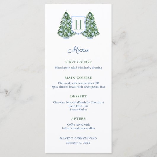 Chinoiserie Chic Monogram Winter Baptisme Party Ma Menu (Voorkant)