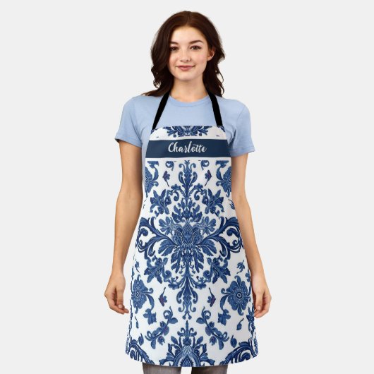 Chinoiserie Chic Navy Blue Flower Ornament Pattern Schort (Gedragen)