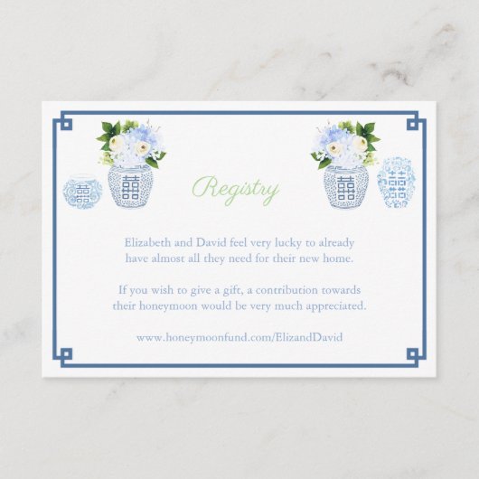 Chinoiserie Chic Navy & Green Wedding Registry Informatiekaartje (Voorkant)