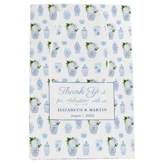 Chinoiserie Chic Navy Groen Bruiloft Welkom Medium Cadeauzakje (Voorkant)