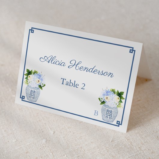 Chinoiserie Chic Navy White Wedding Place Card Kaart