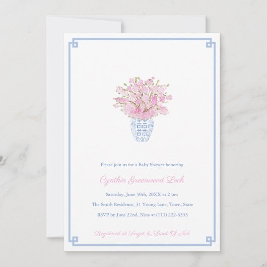 Chinoiserie Chic Pink Blue Girl Baby shower Party Kaart (Voorkant)
