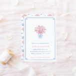 Chinoiserie Chic Pink Blue Girl Baby shower Party Kaart<br><div class="desc">Het ontwerp van de tijdloze Baby shower-uitnodigingskaart met de voorzijde voorzien van handbeschilderde roze waterverf-bloesem is voorzien van een gemberenkwader met een "Griekse sleutel"-grens. Het omgekeerde heeft een passend sakura/gemberpot herhalend patroon.</div>