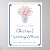 Chinoiserie Chic Pink en Navy Blue Wedding Shower Poster (Voorkant)